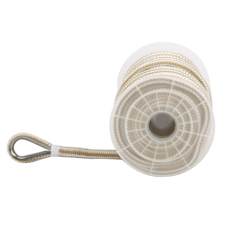 NovelBee 3/8 Inch X 200 Feet Double Braid Nylon Anchor Line with Stainless Steel Thimble and Plastic Chuck (White/Gold) - Image 3